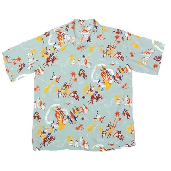 SUN SURF Special Edition Lei Queen Luau Cowboy Blue Rayon Shirt Japan sz XXL 615 - Picture 1 of 6